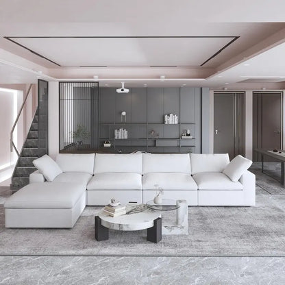 Solid Wood 160.6 Modern Linen Sectional Sofa4-seater Modar Couch with Storage Ottoman for Living Room.