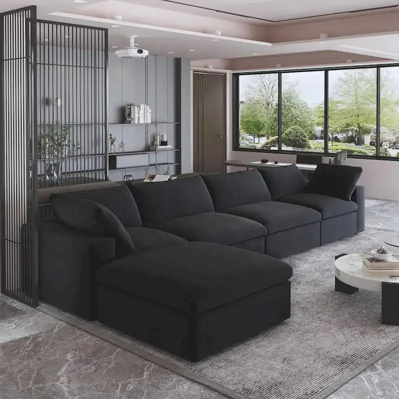 Solid Wood 160.6 Modern Linen Sectional Sofa4-seater Modar Couch with Storage Ottoman for Living Room. - image 1