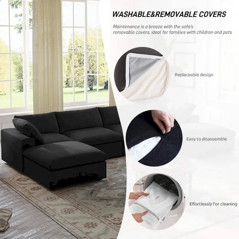 Solid Wood 160.6 Modern Linen Sectional Sofa4-seater Modar Couch with Storage Ottoman for Living Room. - image 3