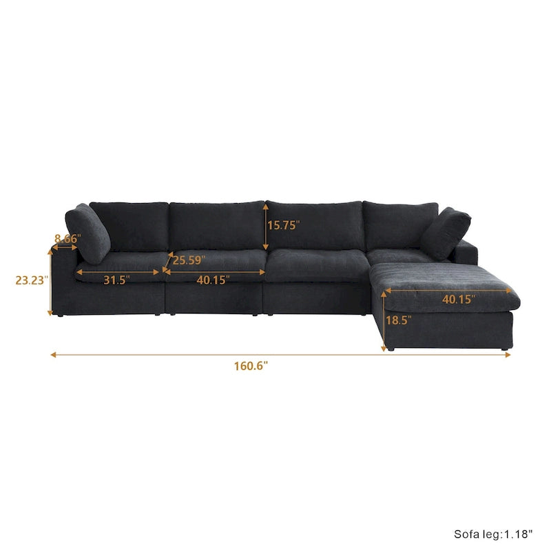 Solid Wood 160.6 Modern Linen Sectional Sofa4-seater Modar Couch with Storage Ottoman for Living Room. - image 5