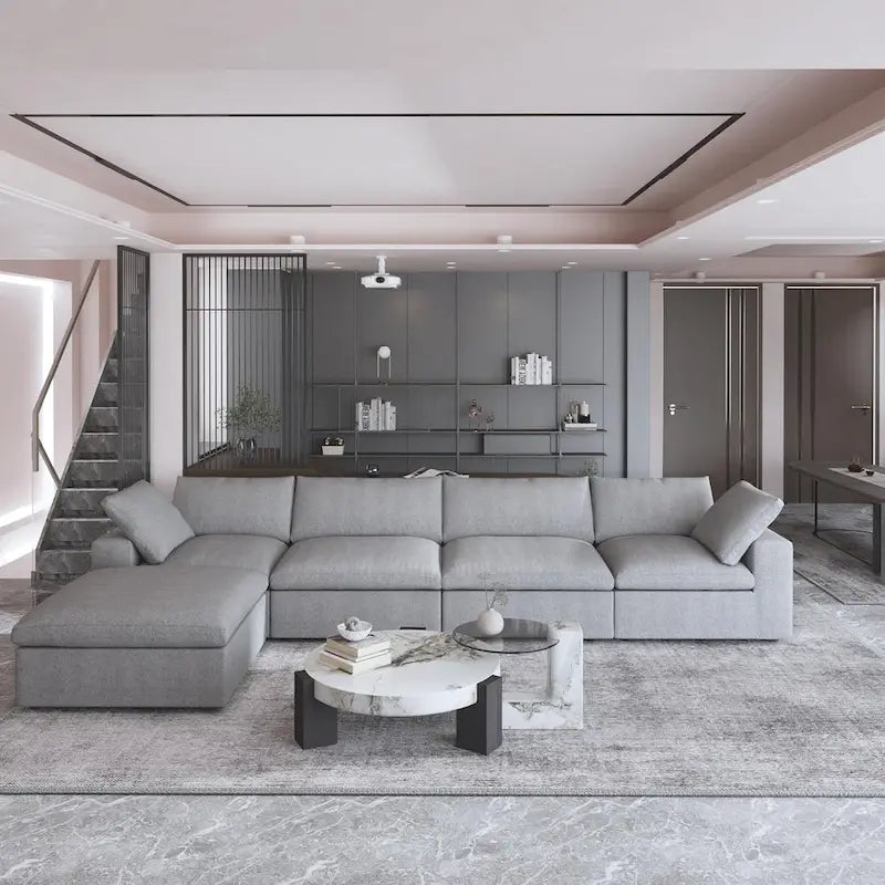 Solid Wood 160.6 Modern Linen Sectional Sofa4-seater Modar Couch with Storage Ottoman for Living Room. - image 15