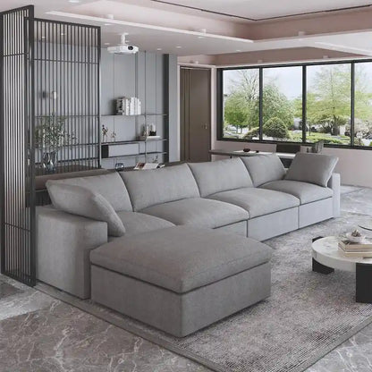 Solid Wood 160.6 Modern Linen Sectional Sofa4-seater Modar Couch with Storage Ottoman for Living Room. - image 16