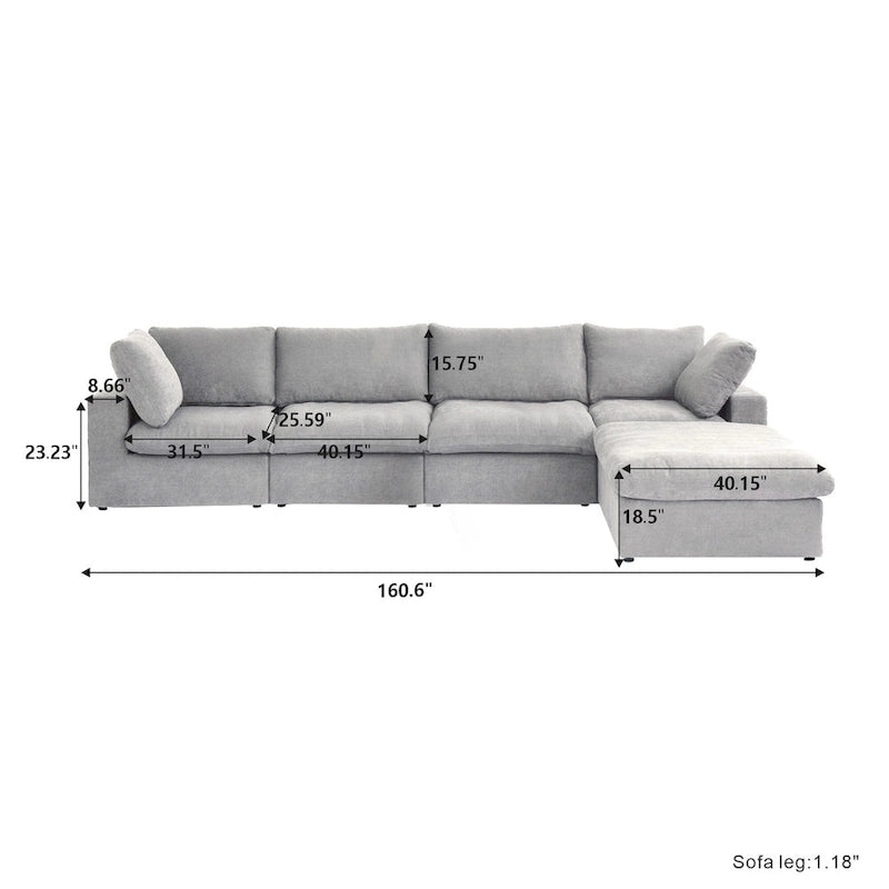 Solid Wood 160.6 Modern Linen Sectional Sofa4-seater Modar Couch with Storage Ottoman for Living Room. - image 19