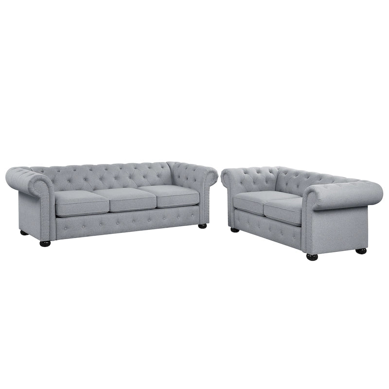 Wood Corvus Aleksis 2-piece Tufted Rolled Arm Chesterfield Sofa and Loveseat Set