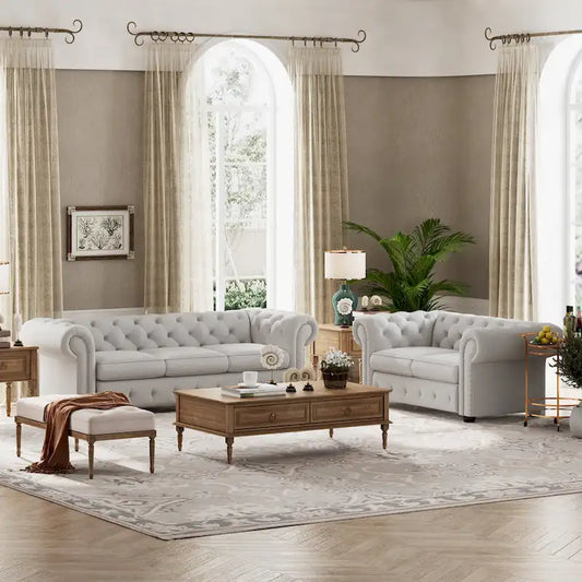 Wood Corvus Aleksis 2-piece Tufted Rolled Arm Chesterfield Sofa and Loveseat Set - image 1