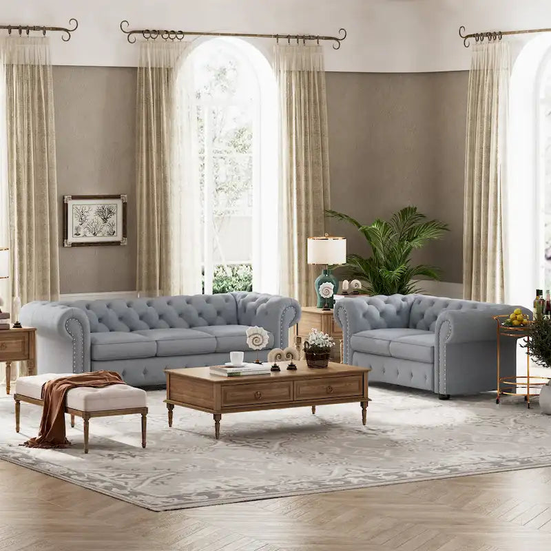 Wood Corvus Aleksis 2-piece Tufted Rolled Arm Chesterfield Sofa and Loveseat Set - image 2