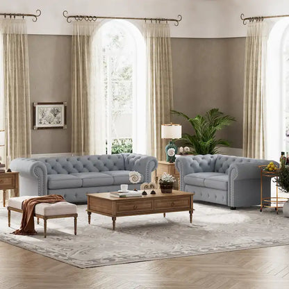 Wood Corvus Aleksis 2-piece Tufted Rolled Arm Chesterfield Sofa and Loveseat Set - image 2