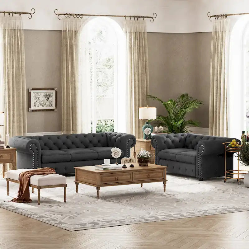 Wood Corvus Aleksis 2-piece Tufted Rolled Arm Chesterfield Sofa and Loveseat Set - image 3