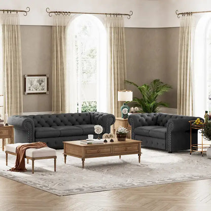 Wood Corvus Aleksis 2-piece Tufted Rolled Arm Chesterfield Sofa and Loveseat Set - image 3