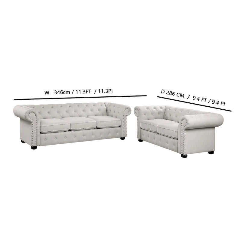 Wood Corvus Aleksis 2-piece Tufted Rolled Arm Chesterfield Sofa and Loveseat Set - image 6
