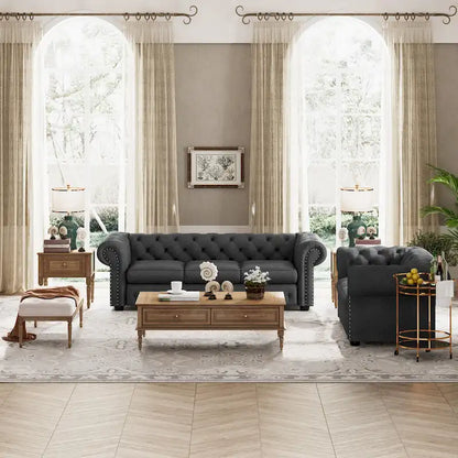 Wood Corvus Aleksis 2-piece Tufted Rolled Arm Chesterfield Sofa and Loveseat Set - image 8