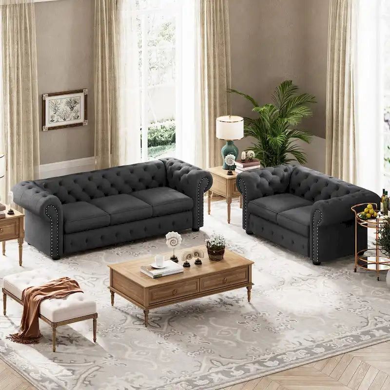 Wood Corvus Aleksis 2-piece Tufted Rolled Arm Chesterfield Sofa and Loveseat Set - image 9