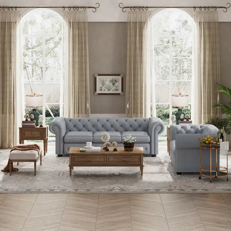 Wood Corvus Aleksis 2-piece Tufted Rolled Arm Chesterfield Sofa and Loveseat Set - image 14