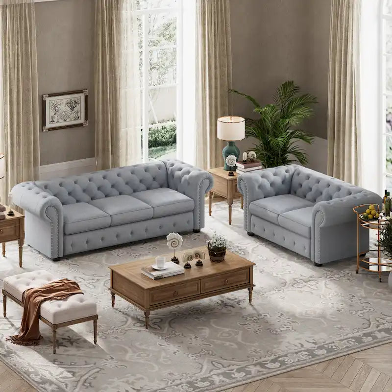Wood Corvus Aleksis 2-piece Tufted Rolled Arm Chesterfield Sofa and Loveseat Set - image 15