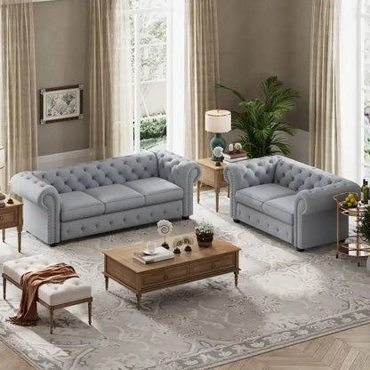Wood Corvus Aleksis 2-piece Tufted Rolled Arm Chesterfield Sofa and Loveseat Set - image 15