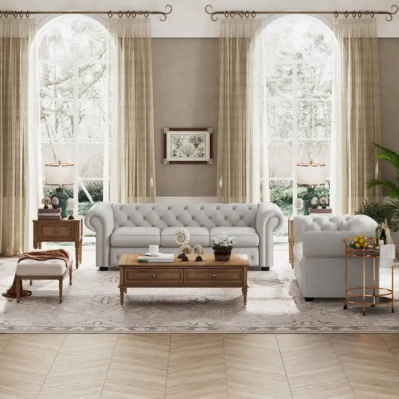 Wood Corvus Aleksis 2-piece Tufted Rolled Arm Chesterfield Sofa and Loveseat Set - image 20