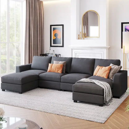 Wood 3 Pieces U shaped Sectional Sofa with 2 Removable Ottomans
