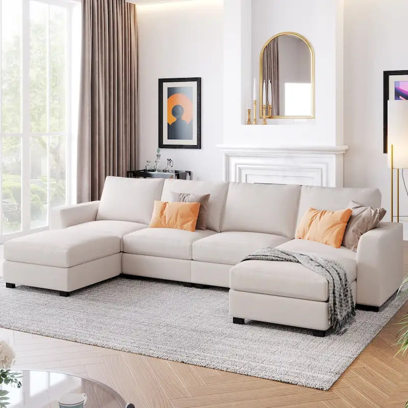 Wood 3 Pieces U shaped Sectional Sofa with 2 Removable Ottomans