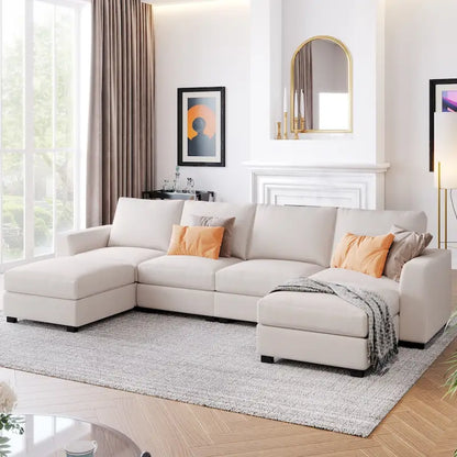Wood 3 Pieces U shaped Sectional Sofa with 2 Removable Ottomans