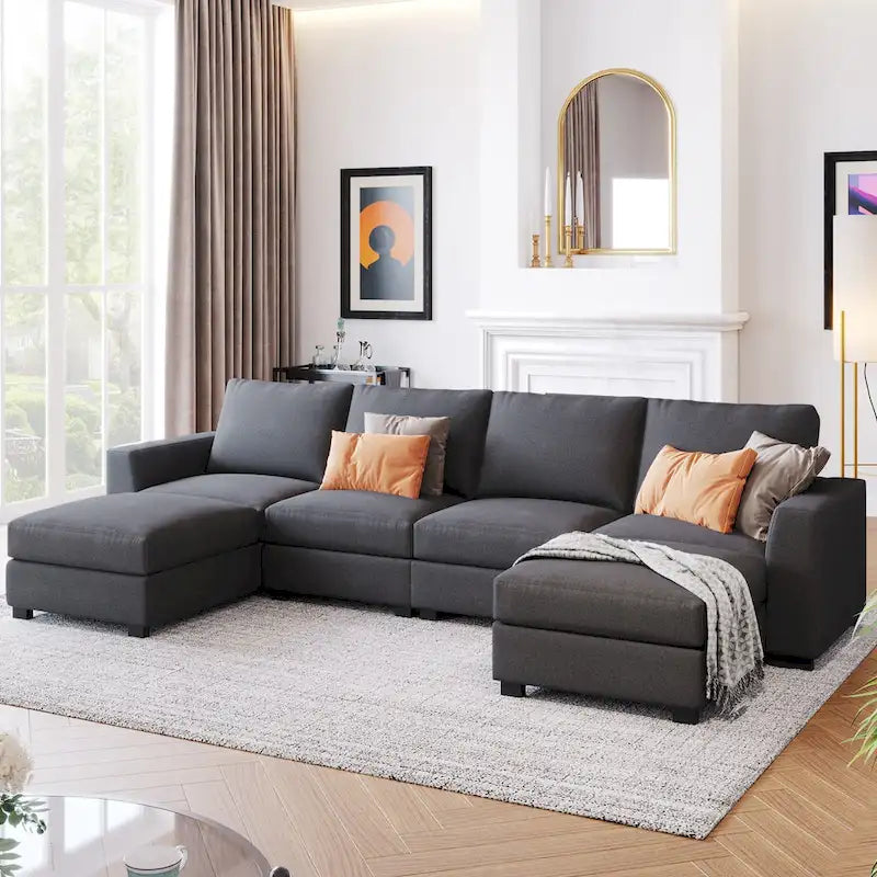Wood 3 Pieces U shaped Sectional Sofa with 2 Removable Ottomans - image 1