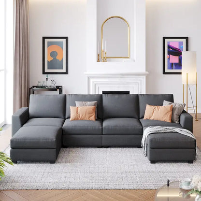 Wood 3 Pieces U shaped Sectional Sofa with 2 Removable Ottomans - image 4