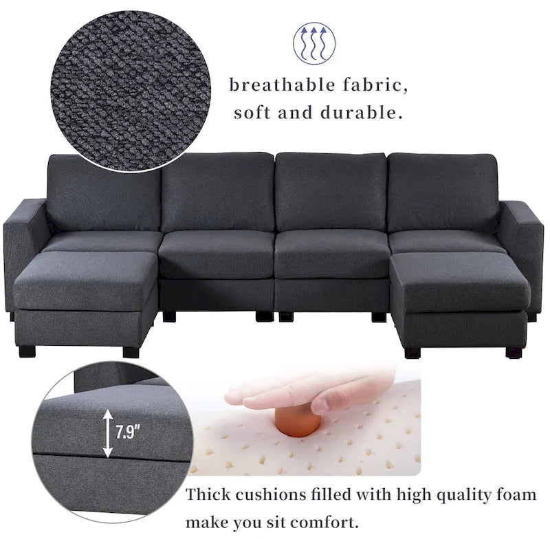 Wood 3 Pieces U shaped Sectional Sofa with 2 Removable Ottomans - image 5
