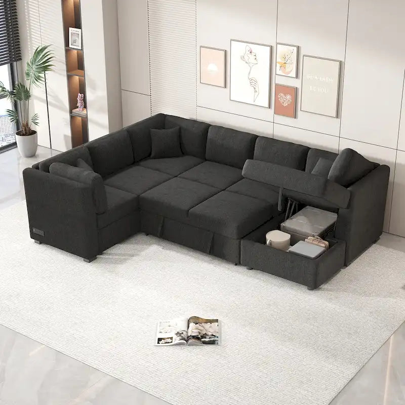 Fabric 108.6 U-shaped Sectional Sofa Pl out Sofa Bed with Two USB Ports, Two Power Sockets, Three Back Pillows and a Storage Chaise - image 1