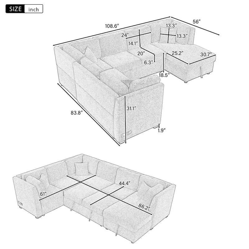Fabric 108.6 U-shaped Sectional Sofa Pl out Sofa Bed with Two USB Ports, Two Power Sockets, Three Back Pillows and a Storage Chaise - image 2