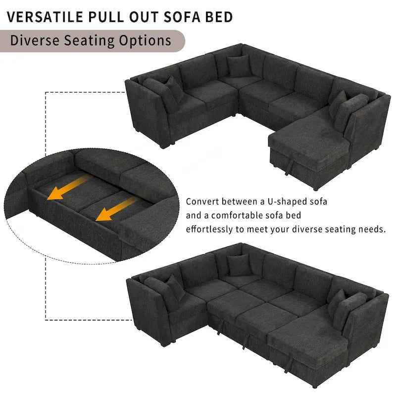 Fabric 108.6 U-shaped Sectional Sofa Pl out Sofa Bed with Two USB Ports, Two Power Sockets, Three Back Pillows and a Storage Chaise - image 3