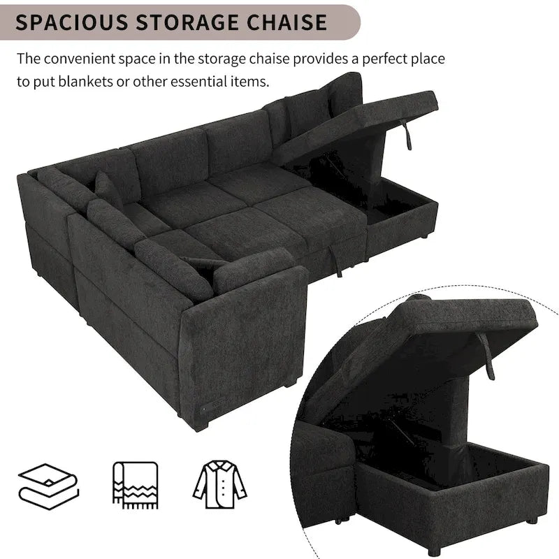 Fabric 108.6 U-shaped Sectional Sofa Pl out Sofa Bed with Two USB Ports, Two Power Sockets, Three Back Pillows and a Storage Chaise - image 4