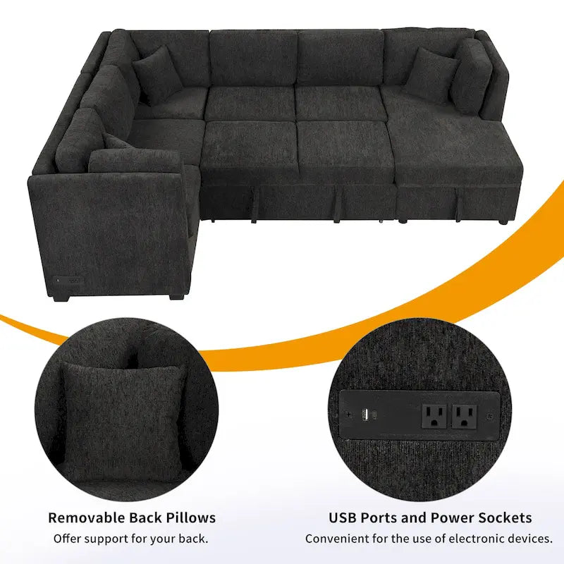 Fabric 108.6 U-shaped Sectional Sofa Pl out Sofa Bed with Two USB Ports, Two Power Sockets, Three Back Pillows and a Storage Chaise - image 5