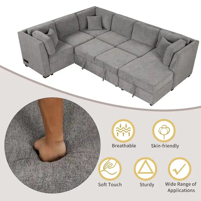 Fabric 108.6 U-shaped Sectional Sofa Pl out Sofa Bed with Two USB Ports, Two Power Sockets, Three Back Pillows and a Storage Chaise - image 6