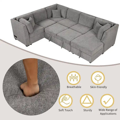 Fabric 108.6 U-shaped Sectional Sofa Pl out Sofa Bed with Two USB Ports, Two Power Sockets, Three Back Pillows and a Storage Chaise - image 6