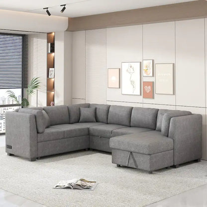 Fabric 108.6 U-shaped Sectional Sofa Pl out Sofa Bed with Two USB Ports, Two Power Sockets, Three Back Pillows and a Storage Chaise - image 7