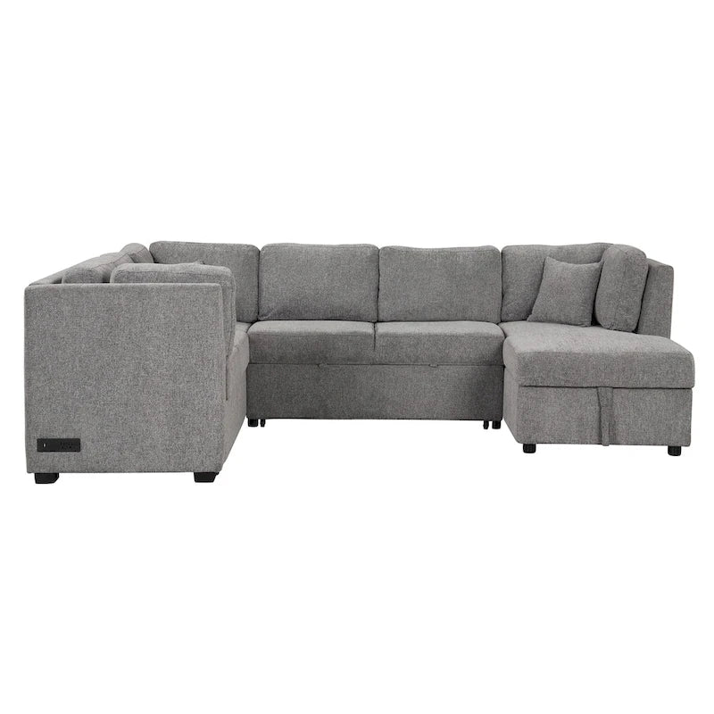 Fabric 108.6 U-shaped Sectional Sofa Pl out Sofa Bed with Two USB Ports, Two Power Sockets, Three Back Pillows and a Storage Chaise - image 8