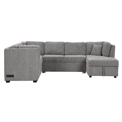 Fabric 108.6 U-shaped Sectional Sofa Pl out Sofa Bed with Two USB Ports, Two Power Sockets, Three Back Pillows and a Storage Chaise - image 8
