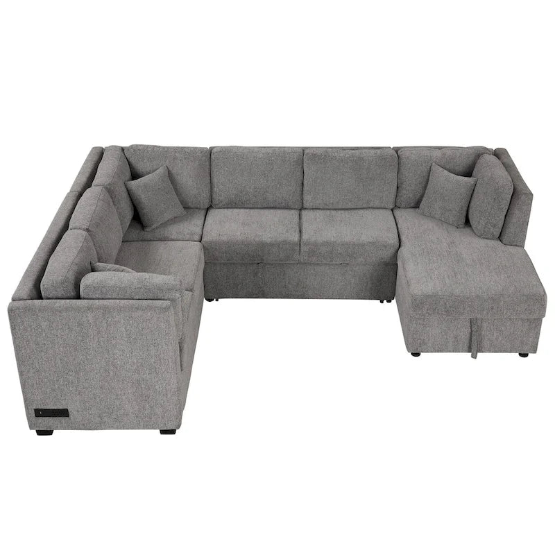 Fabric 108.6 U-shaped Sectional Sofa Pl out Sofa Bed with Two USB Ports, Two Power Sockets, Three Back Pillows and a Storage Chaise - image 9