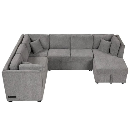 Fabric 108.6 U-shaped Sectional Sofa Pl out Sofa Bed with Two USB Ports, Two Power Sockets, Three Back Pillows and a Storage Chaise - image 9