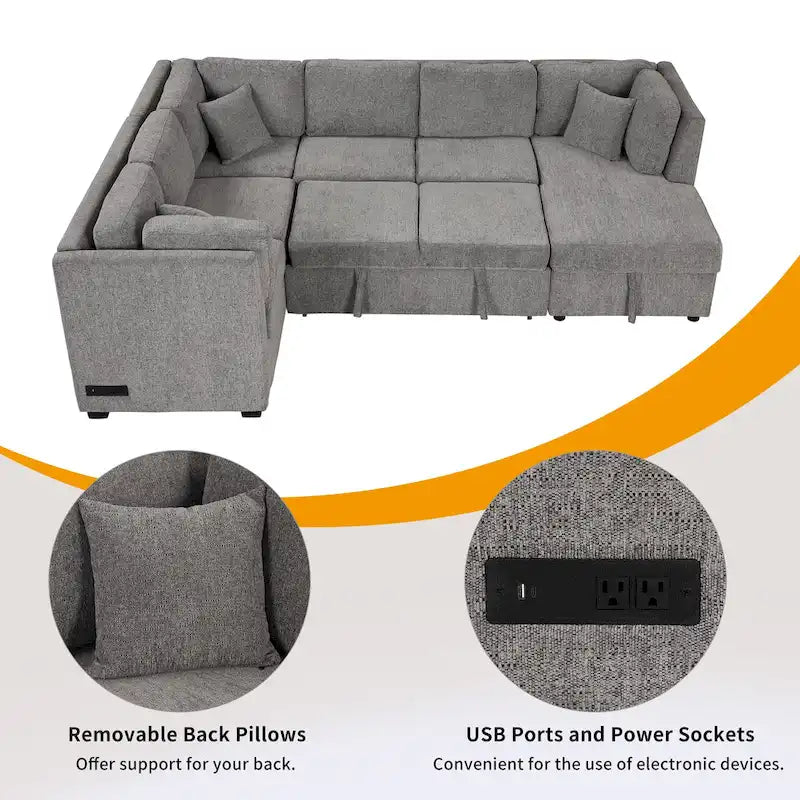 Fabric 108.6 U-shaped Sectional Sofa Pl out Sofa Bed with Two USB Ports, Two Power Sockets, Three Back Pillows and a Storage Chaise - image 10
