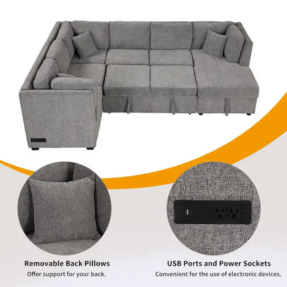 Fabric 108.6 U-shaped Sectional Sofa Pl out Sofa Bed with Two USB Ports, Two Power Sockets, Three Back Pillows and a Storage Chaise - image 10