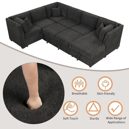 Fabric 108.6 U-shaped Sectional Sofa Pl out Sofa Bed with Two USB Ports, Two Power Sockets, Three Back Pillows and a Storage Chaise - image 11