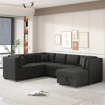 Fabric 108.6 U-shaped Sectional Sofa Pl out Sofa Bed with Two USB Ports, Two Power Sockets, Three Back Pillows and a Storage Chaise - image 12