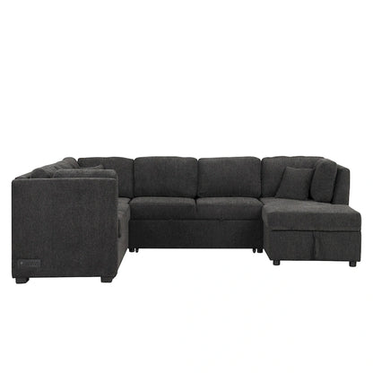 Fabric 108.6 U-shaped Sectional Sofa Pl out Sofa Bed with Two USB Ports, Two Power Sockets, Three Back Pillows and a Storage Chaise - image 13