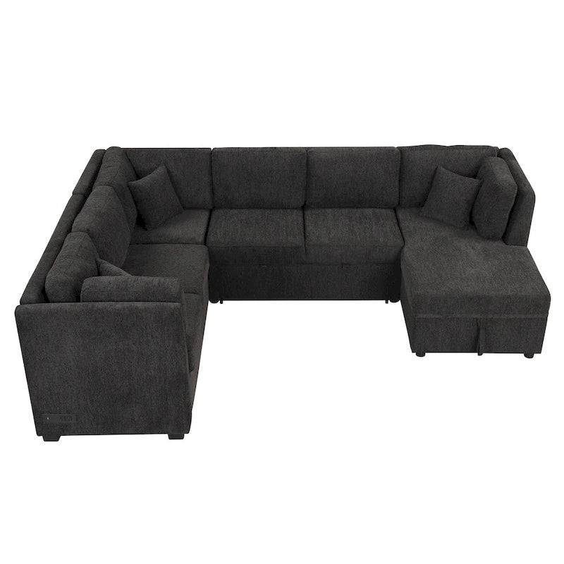 Fabric 108.6 U-shaped Sectional Sofa Pl out Sofa Bed with Two USB Ports, Two Power Sockets, Three Back Pillows and a Storage Chaise - image 14