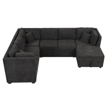 Fabric 108.6 U-shaped Sectional Sofa Pl out Sofa Bed with Two USB Ports, Two Power Sockets, Three Back Pillows and a Storage Chaise - image 14