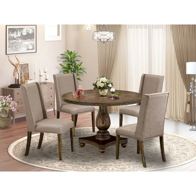 Wood East West Furniture Dining Table Set- a Kitchen Table and Dark Khaki Linen Fabric Chairs, Distressed Jacobean (Pieces Option) - image 1