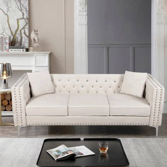 Solid Wood 82.3 Width Modern Velvet Sofa Jeweled Buttons Tufted Square Arm Couch,2 Pillows Included,Beige,4 colors - image 1