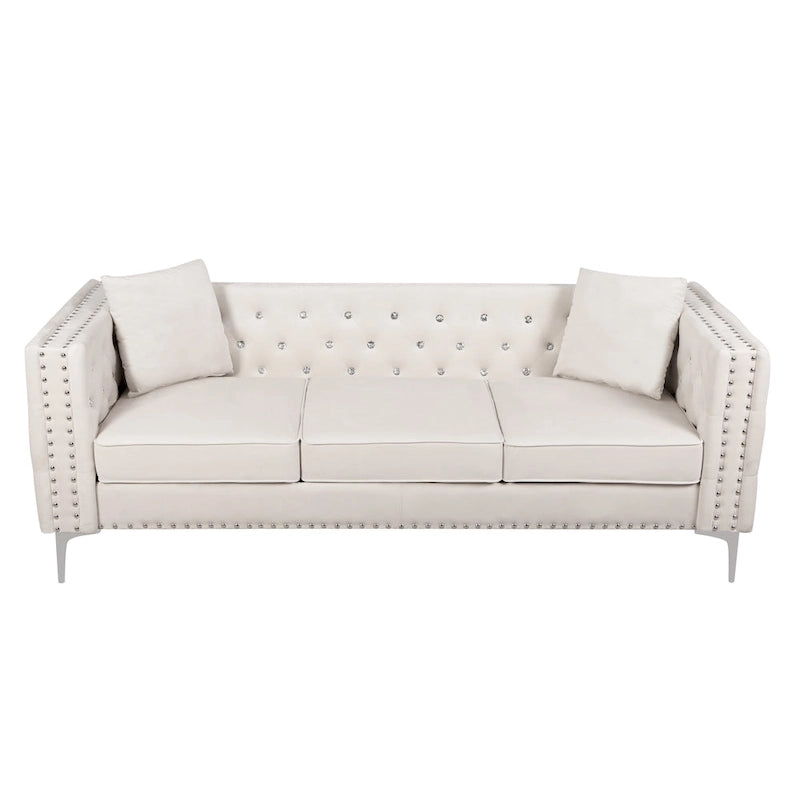 Solid Wood 82.3 Width Modern Velvet Sofa Jeweled Buttons Tufted Square Arm Couch,2 Pillows Included,Beige,4 colors - image 3