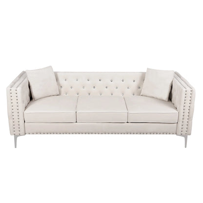 Solid Wood 82.3 Width Modern Velvet Sofa Jeweled Buttons Tufted Square Arm Couch,2 Pillows Included,Beige,4 colors - image 3
