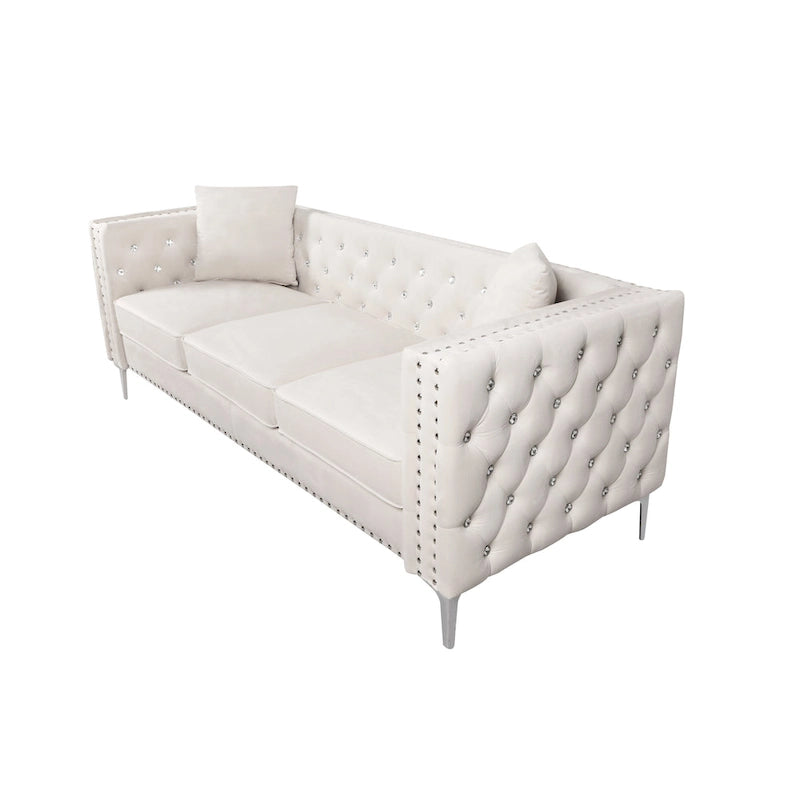 Solid Wood 82.3 Width Modern Velvet Sofa Jeweled Buttons Tufted Square Arm Couch,2 Pillows Included,Beige,4 colors - image 5